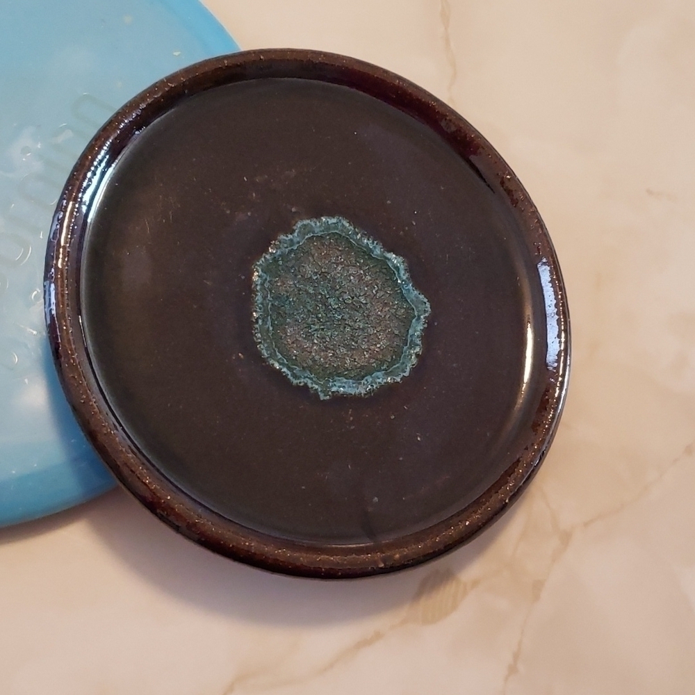 Decorative DIY pottery catch all dish brown glaze and turquoise crystal …